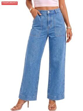 Womens Wide Leg High Waisted Baggy Denim Jeans Cargo Pockets